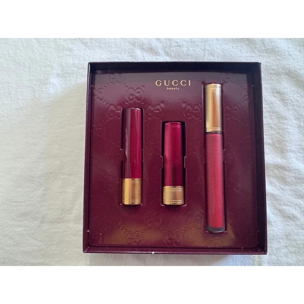 Gucci Beauty Rosso Ancora Lip Set Matte Liquid &‎ Brillant Lipstick 3 Piece Kit